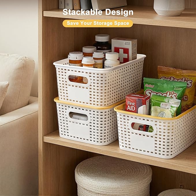 AREYZIN 6 Pack Plastic Storage Bins with Lid,Stackable Storage Bins and Storage Baskets for Shelves,Small Baskets for Organizing, Small Storage Bins,10.2x7.2x4.1 Inch, White