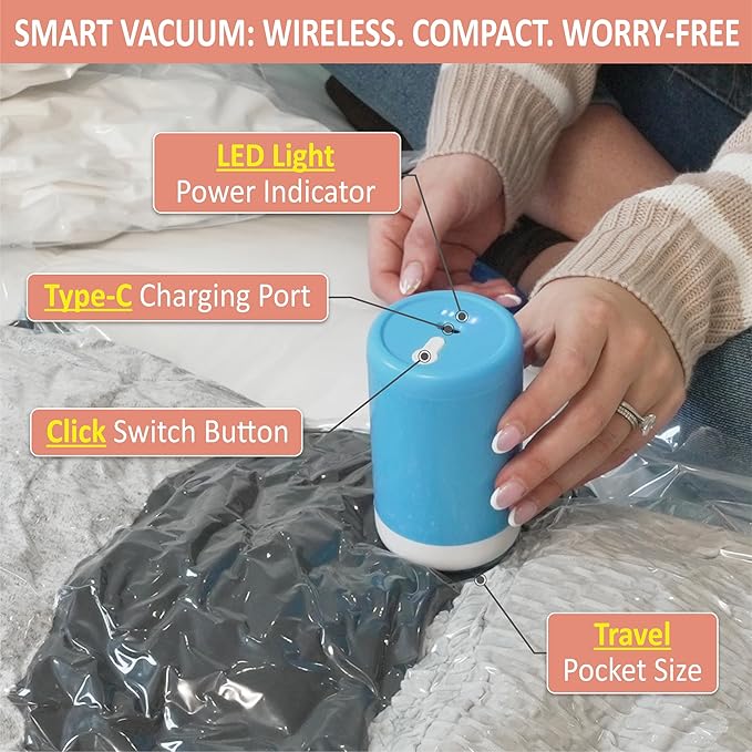 Cozy Essential 16 Pack Travel Vacuum Storage Bags with Rechargeable Wireless Electric Pump for Luggage, Suitcase, Carry-on Size Vacuum Seal Compression Space Saver Bags for Clothes and Clothing Travel