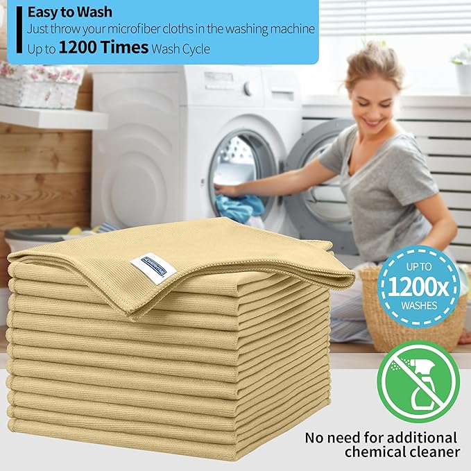 HOMERHYME Microfiber Cleaning Cloth, 12 Pack Window Glasses Cleaning Cloth, Reusable Lint-Free Streak Free Polishing Cloth Wipes for Stainless Steel, Eyeglass, Mirror, Screen & Lense,12"*12" Beige
