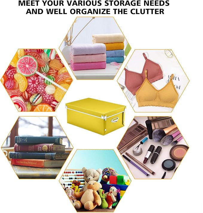 SEEKIND storage box with Lids,3 in 1 Set,Plastic,with Handles,Press-Stud Fastening,Moisture-proof,Foldable for Space Saving Storage,for Clothes,DVD,Blankets (Yellow) …