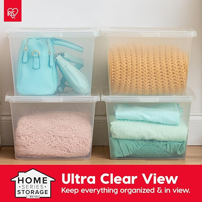 IRIS USA 4-Pack Storage Bins with Lids, 25 Quart, Clear Stackable Containers Box Organize Shoes Closet Shelves Clothes Blankets Towels - BPA-Free Plastic