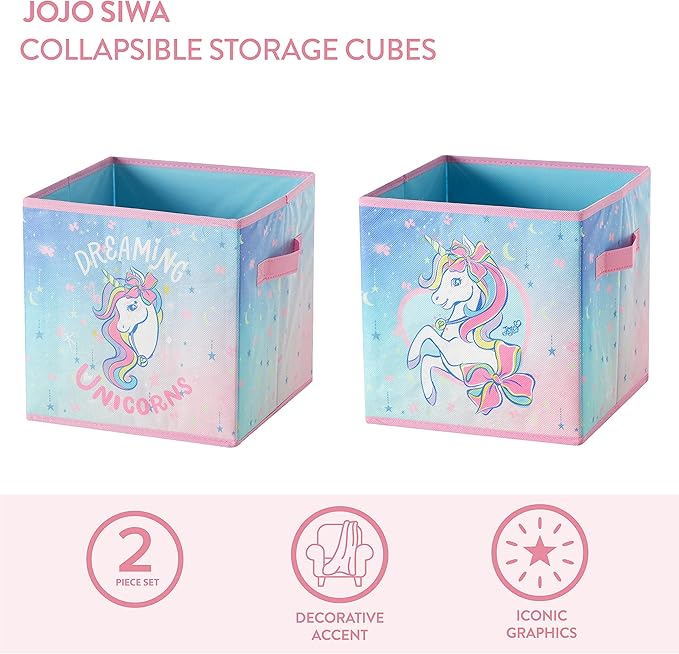 Idea Nuova JoJo Siwa Rainbow Bow Dreamy Unicorn Set of Two Spacious Collpasible Storage Cubes, 10"x10"