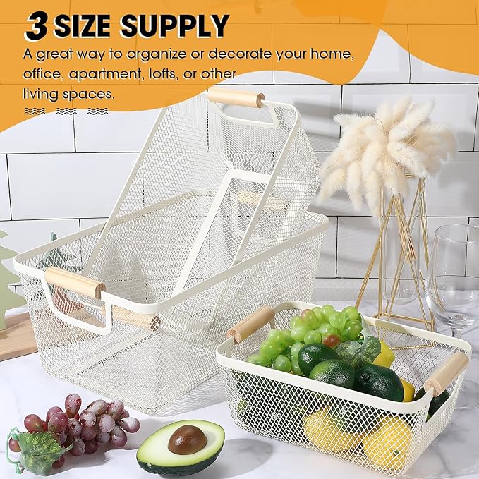 4 Pcs Metal Wire Basket with Wooden Handles Mesh Steel Storage Organizer Bin Containers for Home Organizing Cabinet Pantry Closet Kitchen Fridge Fruit Makeup Snacks Gifts(Small,Cream White)