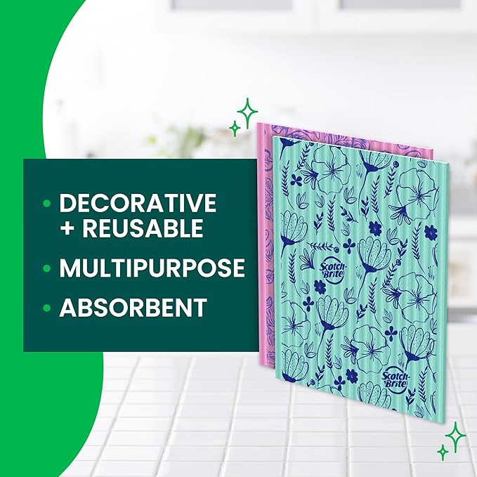 Scotch-Brite Sponge Cloths, Reusable, Absorbent, and Decorative Cleaning Towel, Dishwasher-Safe Wipes Ideal for Nonstick Cookware, Tile, Countertops, Mirrors, and Faucets, 2 Dish Towels