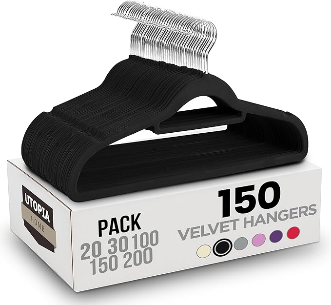 Utopia Home Premium Velvet Hangers 150 Pack - Non-Slip Clothes Hanger with Tie Bar - Black Hangers with 360 Degree Rotatable Hook - Heavy Duty Coat Hanger
