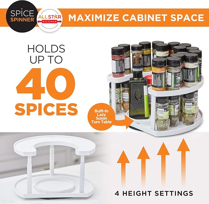 Allstar Innovations Spice Spinner Two-Tiered Spice Organizer & Holder That Saves Space, Keeps Everything Neat, Organized & Within Reach With Dual Spin Turntables