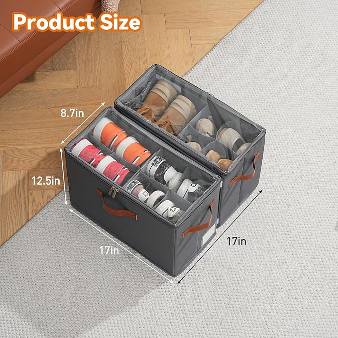 4 Pack Shoe Organizer for Closet, Foldable Shoe Storage Organizer with Adjustable Dividers and Clear Cover, Stackable Fabric Closet Shoe Organizer Storage Box Fits 32 Pairs, Gray