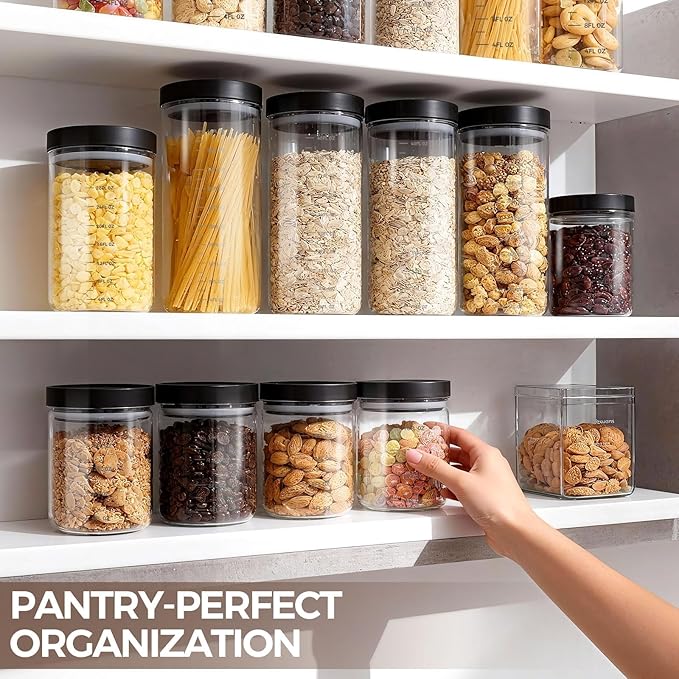 Danbark Set of 6 18oz Airtight Glass Storage Canisters with Lids - Pantry Organizers and Storage Glass for Kitchen - for Pantry, Flour, Sugar, Coffee, Tea, Pasta, Rice, and Snacks - Black
