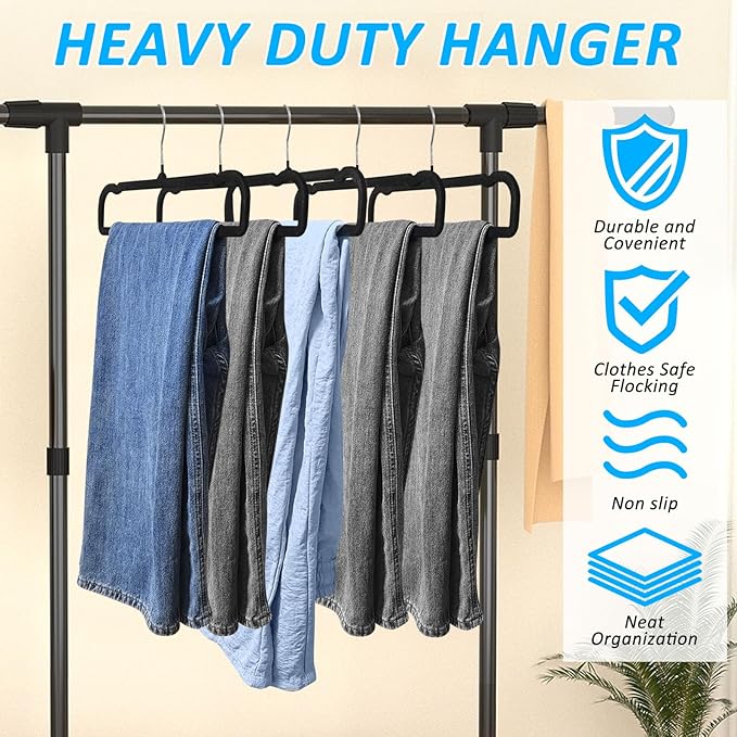 Pants Hangers Non Slip, 30 Pack Velvet Hanger for Closet with 30 Hooks, Strong Durable Space Saving Slim Pants Hanger, Ultra Thin & Space Saving Flocked Hangers for Pants/Shirts/Shorts/Bra (Black)