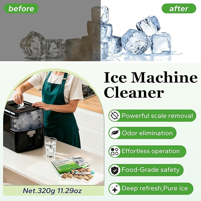 Ice Machine Cleaner and Descaler Kit- 32 Tablets with 2 Specialized cleaning brushes,ice maker cleaner Ideal for Frigidaire,Opal,GE Profile, Kitchenaid countertop units.Removes Lime Scale,Calcium.