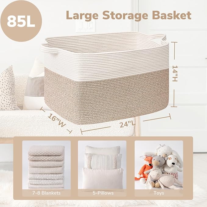 Goodpick Extra Large Woven Blanket Basket, 23.6" x 15.7" x 13.8" Storage Organizer for Blankets, Toys, Dirty Clothes, Rectangle Cotton Rope Basket for Living Room, Nursery, Bedroom