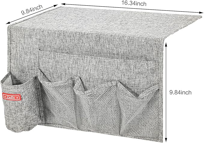 Zafit Linen 5 Pockets Bedside Caddy, Bedside Storage Organizer with Water Bottle Holder for Magazine, Remotes, Phone (Grey)