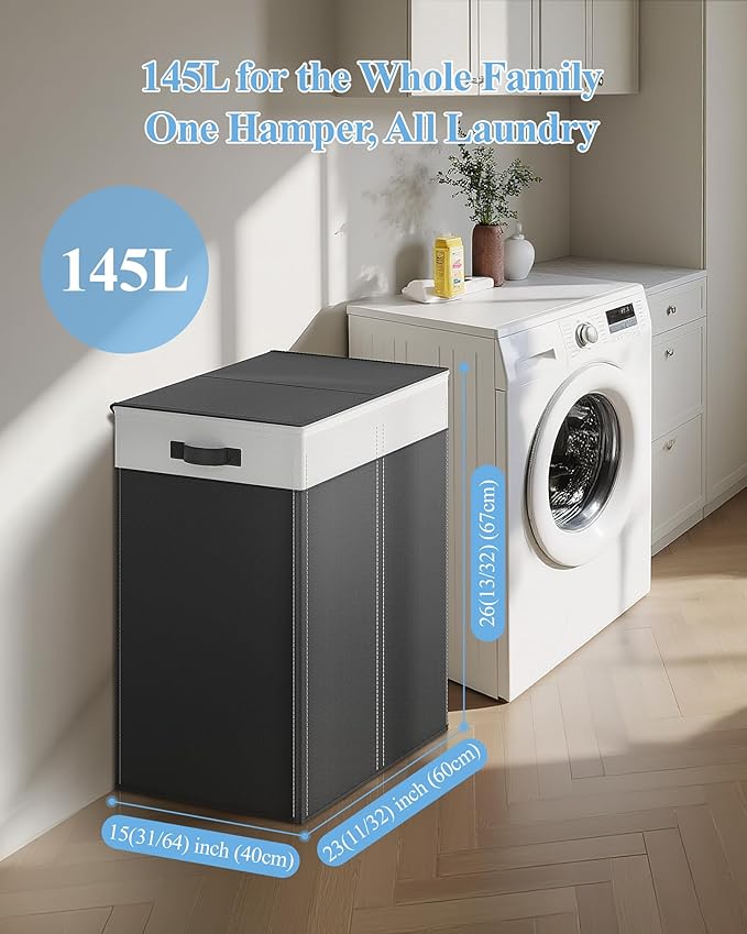 YECAYE 145L Double Laundry Hamper with Lid for Home, Dual Compartments hamper with Removable Bags, 2 Section Foldable Cloths Basket with lid, Double Cloths Basket with Color-Block Design