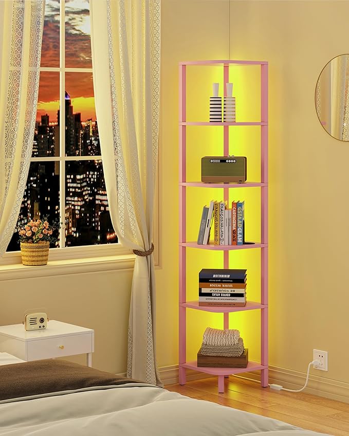 TUTOTAK Corner Shelf with LED Light, 6-Tier Corner Bookshelf for Small Space, Narrow Display Corner Shelf Stand with Storage Rack, for Living Room, Bedroom, Pink BS08BP006L