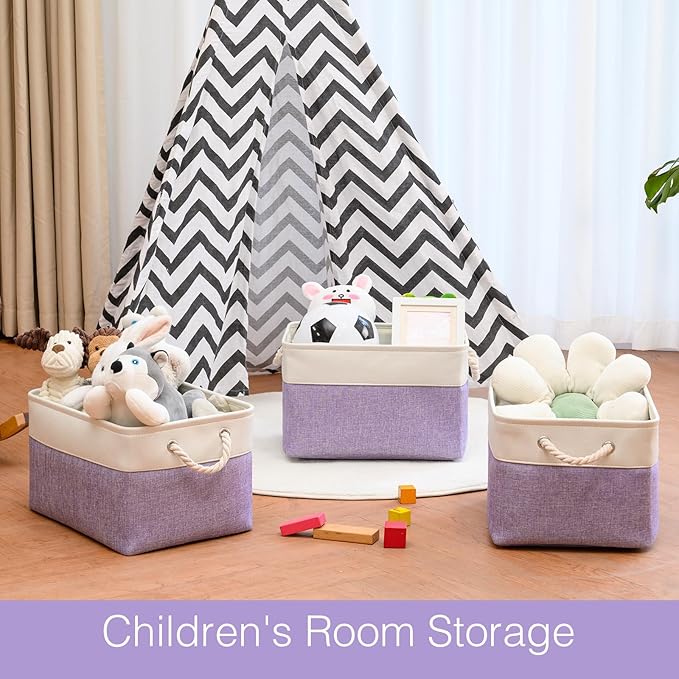 DUHEL Storage Bins 3 Pack, Fabric Storage Basket for Collapsible Medium Canvas Storage Baskets for Organizing Shelf Nursery Home Closet . (White&Purple-3PCS)