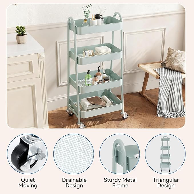 OLIXIS 4 Tier Utility Rolling Cart, Metal Mobile Storage Shelf with Lockable Caster Wheels, Organization for Livingroom, Bathroom, Kitchen, & Narrow Places, 4-Tier Green
