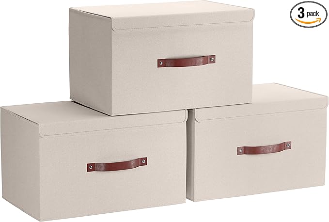Ornavo Home 3 Pack Collapsible Storage Bins with Lid, Foldable Linen Fabric Shelf Storage Basket Closet Organizer and Large Storage Box for Clothes with Leather Handles, 15 x 10 x 9, Beige
