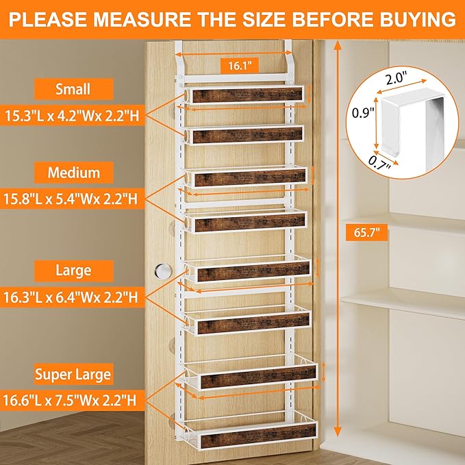8 Tier Over The Door Pantry Orangizer 2 IN 1 Wall Mounted or Hanging Spice Rack with Adjustable Wood Basket,Heavy Duty Seasoning Storage Shelf for Kitchen Pantry and Bathroom