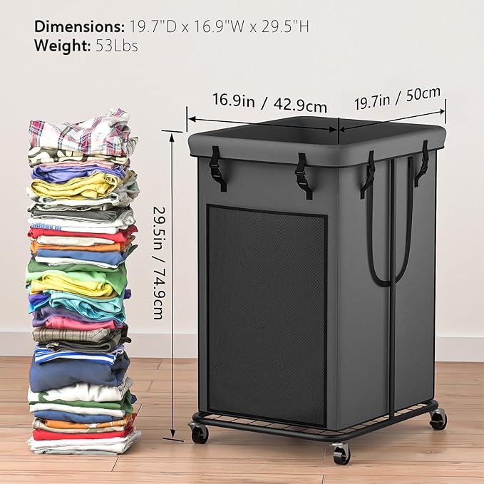 150L Large Laundry Hampers, Oxford Fabric Laundry Hampers Clothes Hampers, Metal Frame and Removable Bag Design with Wheels, Suitable for Bedroom, Bathroom, Dorm Room, Laundry Room (Grey)