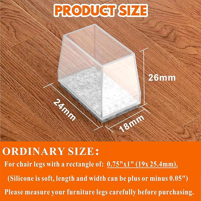 Rectangle Chair Leg Protectors for Hardwood Floors,16 PCS Silicone Covers to Protect Wood Tile Floors Felt Pads Furniture Leg Caps Reduce Noise. Easy to Move.(Clear,0.75 x 1 Inch,Rectangular)