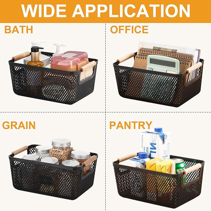 Tioncy 4 Pcs Plastic Mesh Baskets with Wood Handle Woven Mesh Storage Organizer Bins Multi-function Rectangle Baskets for Home Pantries Shelves Closet Kitchens Bedrooms(12.01 x 8.03 x 5.59 Inches)