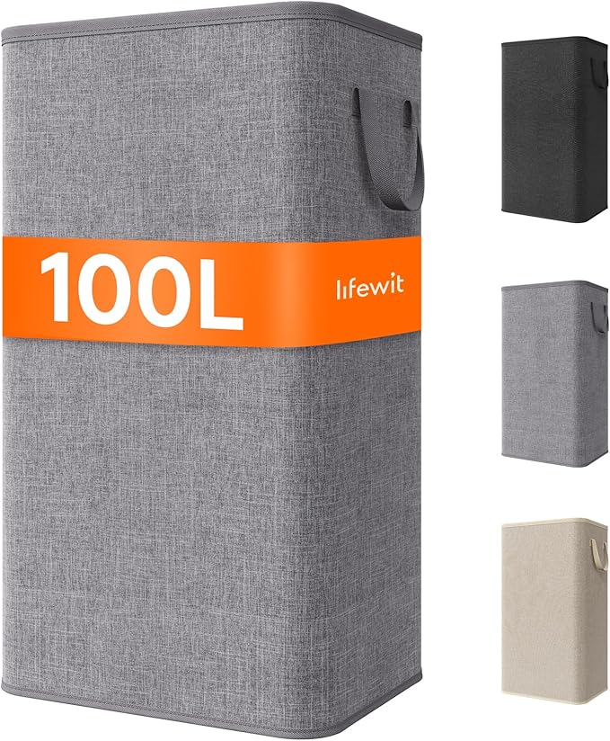 Lifewit 100L Large Tall Laundry Hamper, Collapsible Laundry Basket with Handles, Foldable Clothes Hampers for Laundry, Portable Dirty Clothes Hamper for Dorm College Bedroom Bathroom, Light Gray