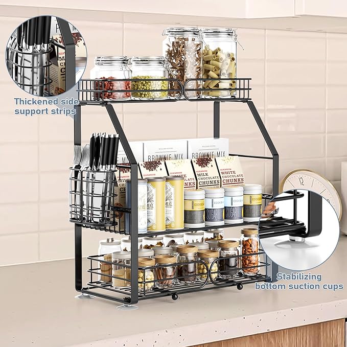 Spice Rack Organizer for Cabinet, 3 Tier Black Countertop Organizer Small Spice Rack, Kitchen Spice Shelf Organizer for Cabinet, Pantry, Bathroom, Bedroom, Coffee Station