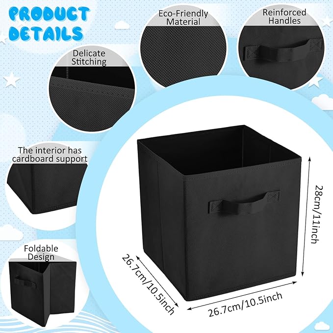 Yinder 12 Pcs Cube Storage Bin Black 11'' Storage Bins for Playroom Decor Colorful Bins for Kids Foldable Baskets for Nursery Organizer Boxes Fabric Boxes