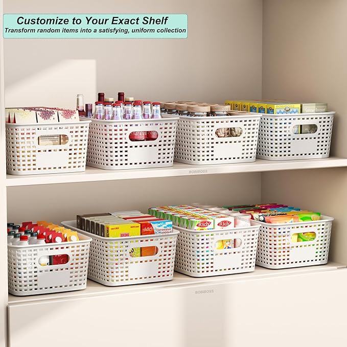 Plastic Storage Basket for Organizing 12 Pack Small Storage Bins Container for Shelves, White Shelf Baskets with Handles for Pantry Classroom Playroom Kitchen Cabinets Organization