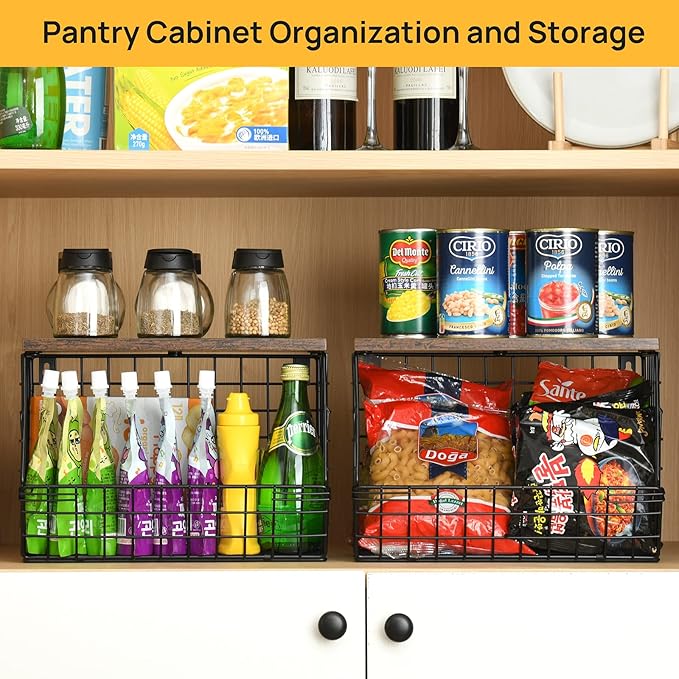 Wetheny 2pcs Fruit Basket Onion Storage Wire Basket with Wood Top- Wall Mounted & Stackable Kitchen Counter Organizer,Cabinet Organizer Bin for Potato,Produce,Bread,Snack Storage(Matte Black)