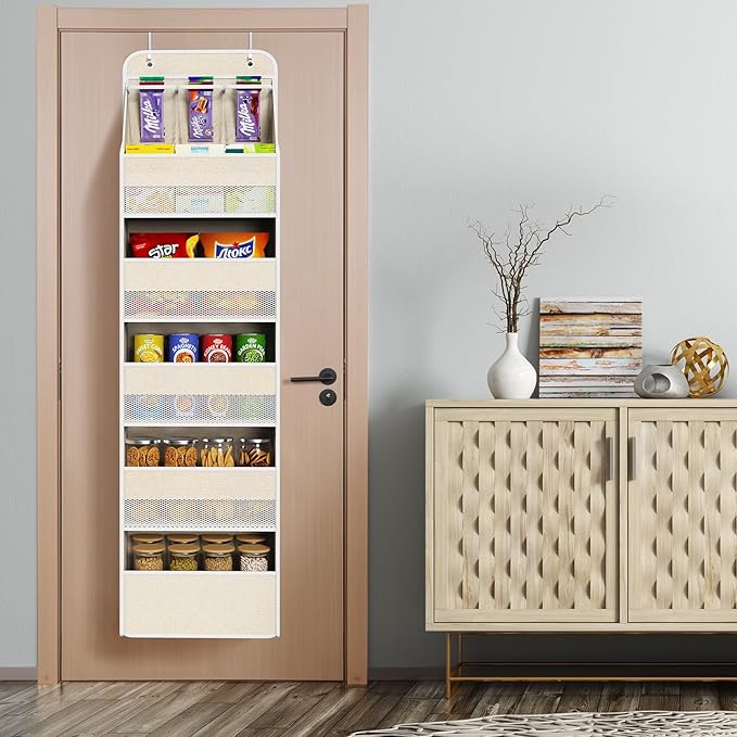Univivi 6-Shelf Over Door Hanging Organizer Fabric Baby Door Storage with 5 Extra Large Capacity Pockets Behind the Door Hanging Storage Organizers Easy Install Door Storage for Baby Essential (Beige)