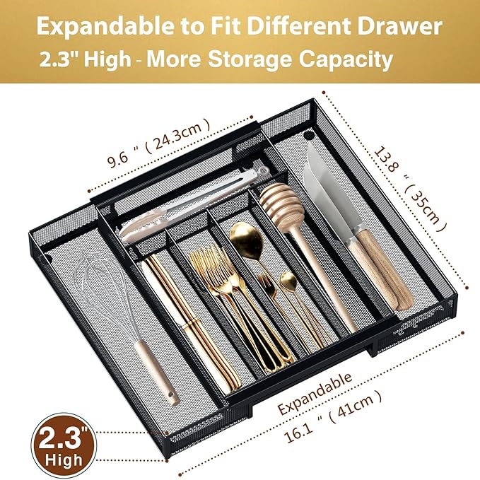 Silverware Organizer Metal Mesh, Drawer Organizer, Utensil Cutlery Tray for kitchen drawers,Expandable Flatware Organizer with 7 Compartment Black 9.6"~16.1" x 13.8"