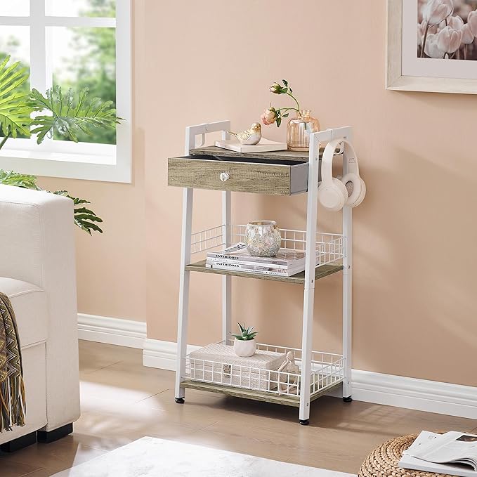 3-Tier Ladder Shelf with Drawer, Bathroom Table Stand for Small Space, Standing Bathroom Shelves with Storage for Living Room Kitchen Bedroom, Organizer Shelf, White