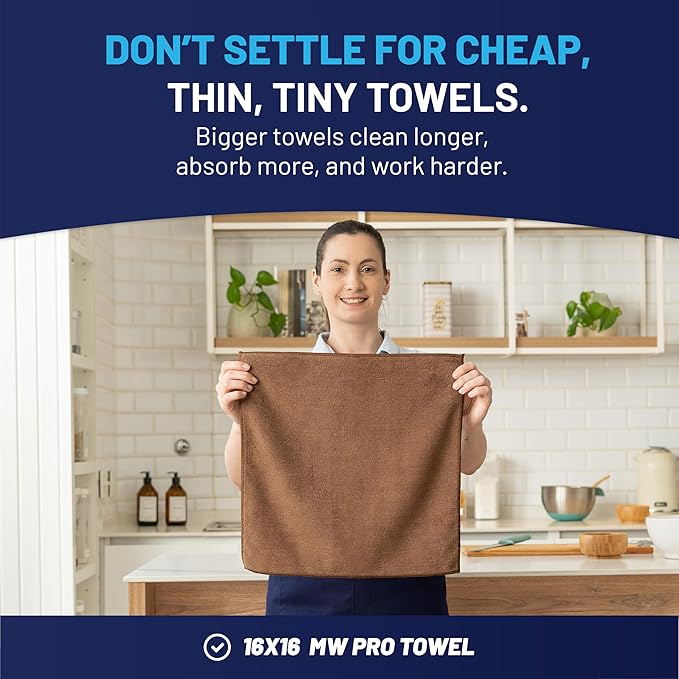 MW Pro Microfiber Cleaning Cloth | Brown | 12 Pack | 16” x 16” | Coffee, Barista, Espresso Towels - Clean, Dust, Polish, Scrub, Absorbent
