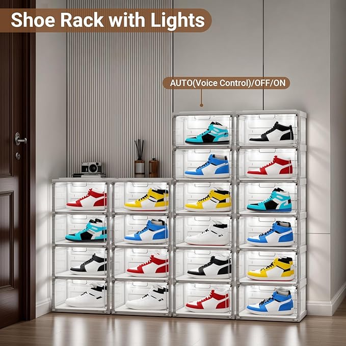 BROVIEW Led Shoe Boxes, Shoe Display Case with Lights, Large Clear Plastic Foldable Shoe Storage Box, Voice Activated Led Shoe Organizer Sneaker Case, Collection Crate, 1 Row 4 Tier White