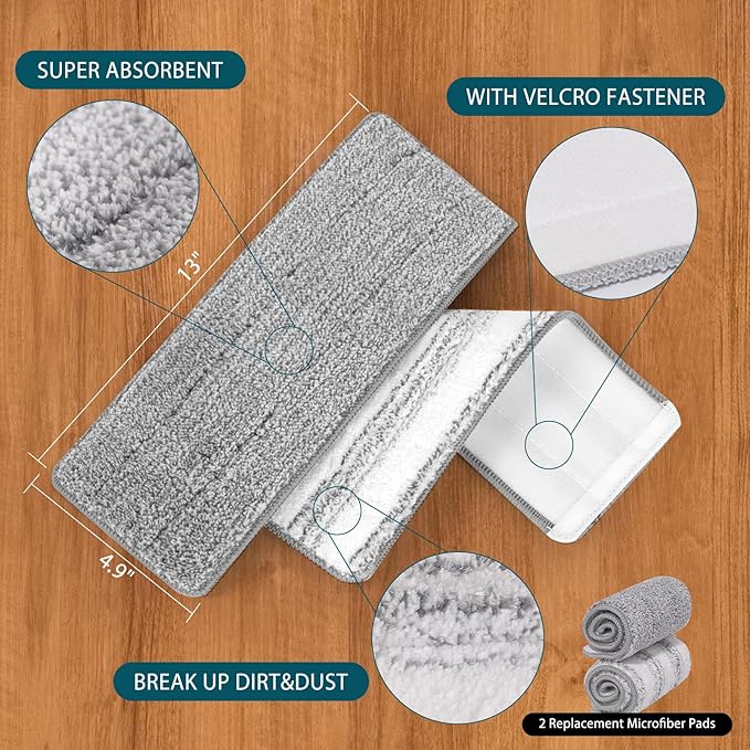 Mop Replacement Pads Compatible with JOYMOOP Flat Mop or Mop Bucket Set - Microfiber Flat Mop Pads for All 13" X 4.9" Squeeze Flat Floor Mop - Washable Mop Head Replacement (1+1 Pack)