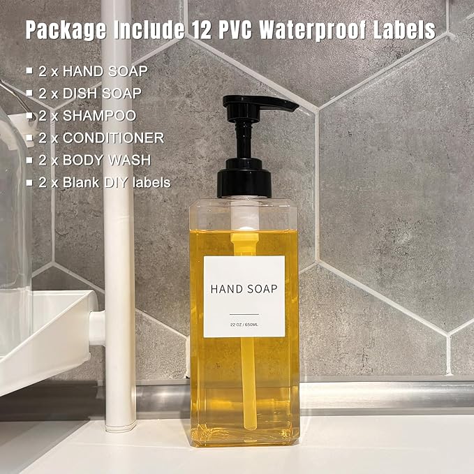 Clear Soap Dispenser with Waterproof Labels, Thickened Plastic Hand Soap Dispenser for Bathroom, Kitchen Dish Washing Liquid Bottles, Shampoo and Conditioner Bottles with Funnel (22oz 2Pack Clear)