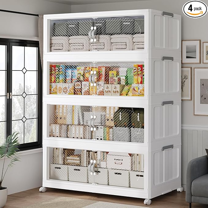 640QT Extra Large Stackable Storage Bins with Lid, 160Gal Plastic Closet Organizers and Storage Drawer, Collapsible Cabinet Box with Wheels Clear Doors for Home Kitchen Office, 4Pack White
