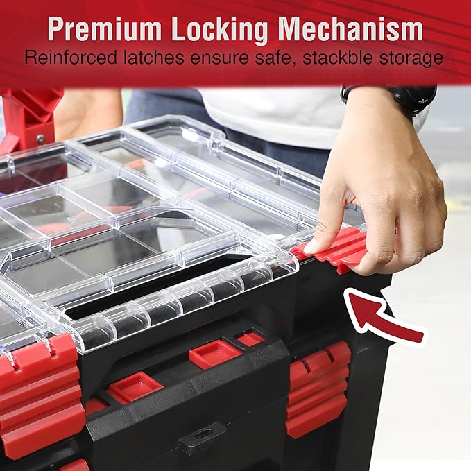 Modular Tool Box Storage System, Rolling Stackable Toolbox with Wheels, Heavy-Duty Plastic Organizer with Drawers for Garage or Truck, Black