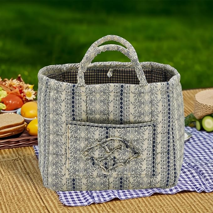 Quilted Fabric Storage Basket with Handles & Pocket, Foldable Laundry Hamper Boho Floral Print Organizer Bin for Home, Picnic, Office 12"x10"x10" (B-4)