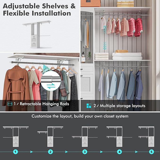 Walk in Closet Organizer System - with Drawers, 8FT Walk in Closets Organizer with Jewelry Box, 96” Wooden Storage Systems with 3 Hanging Pods, Built-in Garment Rack for Bedroom