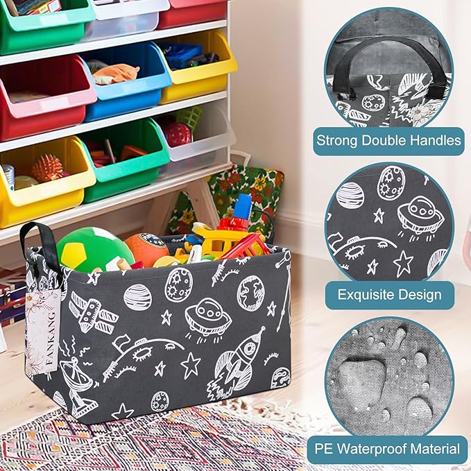 FANKANG Storage Basket,Nursery Hamper Canvas Laundry Basket Foldable with Waterproof PE Coating Storage, Office, Bedroom, Clothes,Toys (Rec-Space Planet)