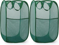 2 Pack Durable Collapsible Laundry Baskets - Reinforced Mesh Pop Up Laundry Hamper with Pocket, Foldable Dirty Clothes Hamper with Carry Handles for Laundry, Bathroom, Kids Room, Dorm or Travel Green