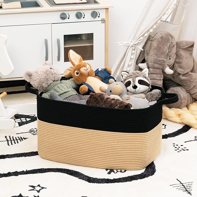Goodpick Large Woven Storage Basket, 21.6" x 14.9" x 11.8" Rectangle Cotton Rope Laundry Basket with Handles, Baby Toy Blanket Storage for Living Room, Bedroom