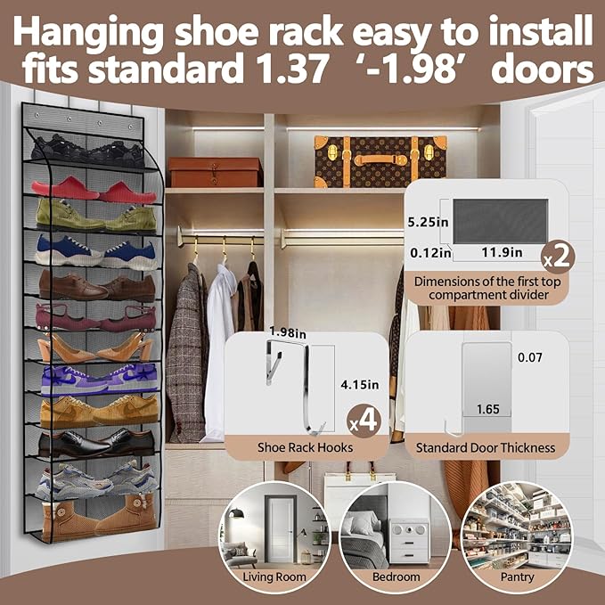 PAULONE 12 Pocket Over the Door Shoe Organizer,Reusable Breathable Large Mesh Bag Men's & Women's Sneaker Organizer,Shoe Organizer for Kids,Hanging Shoe Storage Hanging Bag (Gray)