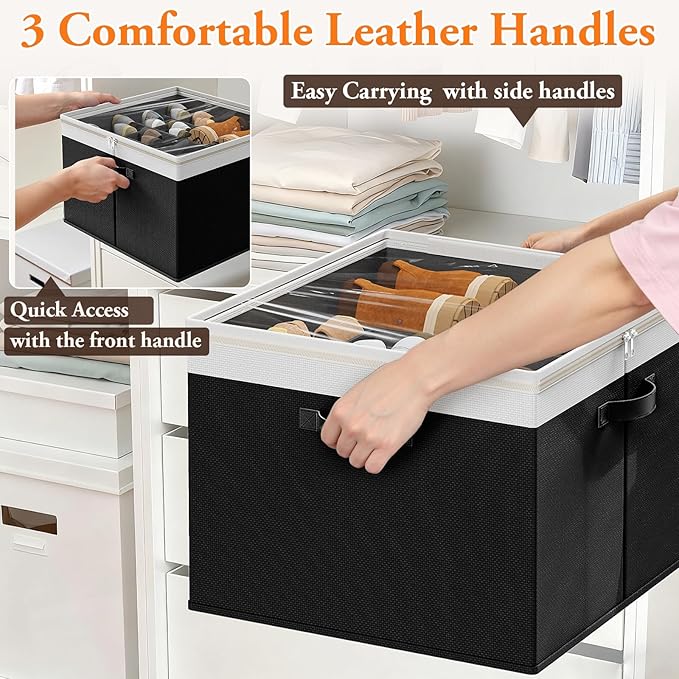 Shoe Organizer for Closet - 2 Packs Hold up to 32 Pairs, Large Shoe Storage Organizer Containers with Adjustable Dividers, Clear Cover, Leather Handles for Heels, Boots, Sneakers (Black)