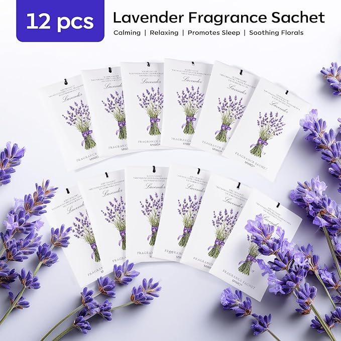 MYARO 12 Pack Lavender Scented Sachets | Odor Eliminator & Air Freshener for Drawer, Closet, Car, Shoes, Gym Bag, Suitcase | Home Fragrance Gift Set