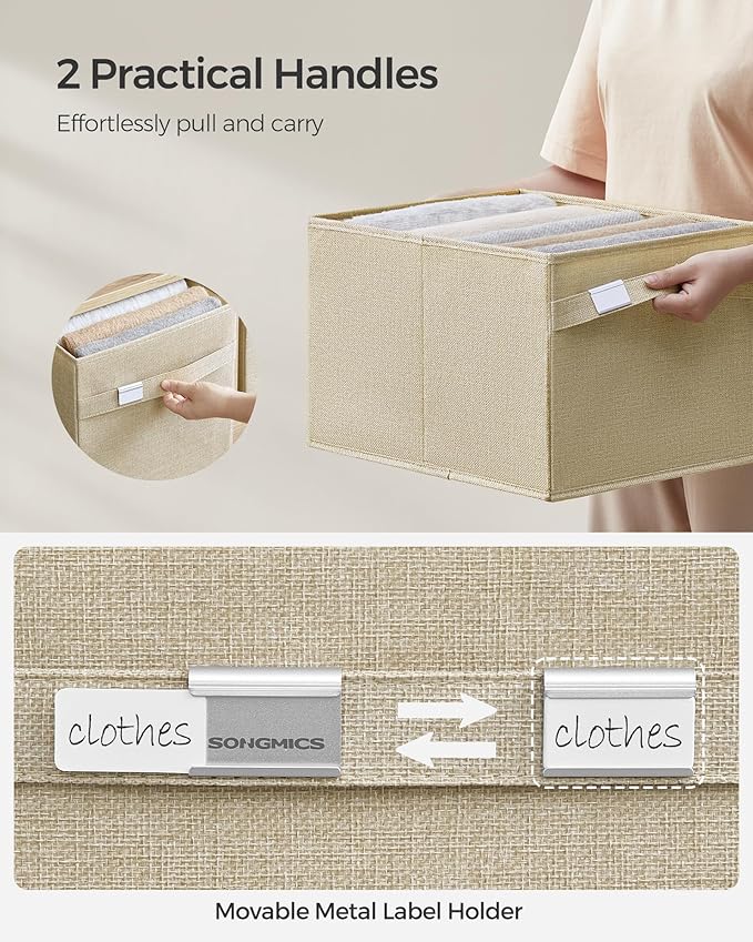 SONGMICS Storage Baskets, Set of 2 Storage Bins, 15.7 x 11.8 x 9.8 Inches, 2 Handles, Oxford Fabric and Linen-Look Fabric, Easy to Clean, Foldable, Metal Label Holders, Summer Sand UROB240Y02