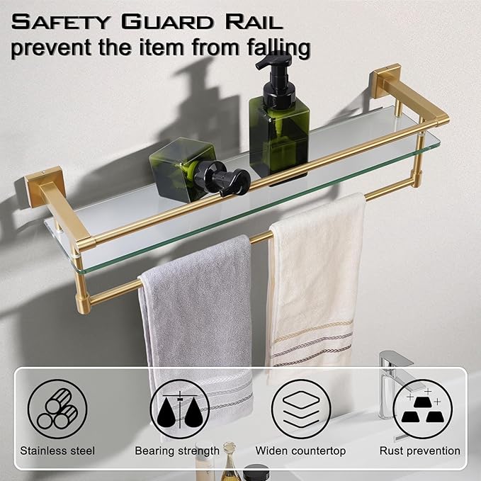 SFGSOWOR Bathroom Glass Shelf with Towel Bar/Rack 24 inches Wall-Mounted Shelves Tempered Glass Sink Toilet Organizer Shower Towel Decorative Storage (Polished Gold Finish)