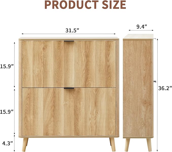 Bifins 31.5” Fluted Shoe Cabinet Storage with 2 Flip Drawers,Narrow Freestanding Shoe Storage Organizer,Slim Shoe Rack Cabinet for Entryway,Hallway (Natural)